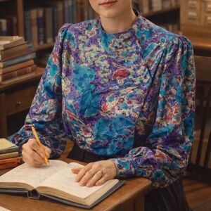 Vintage 80s Librarian Silky Artsy Sz M 8 Blouse Grannycore Shoulder Pads